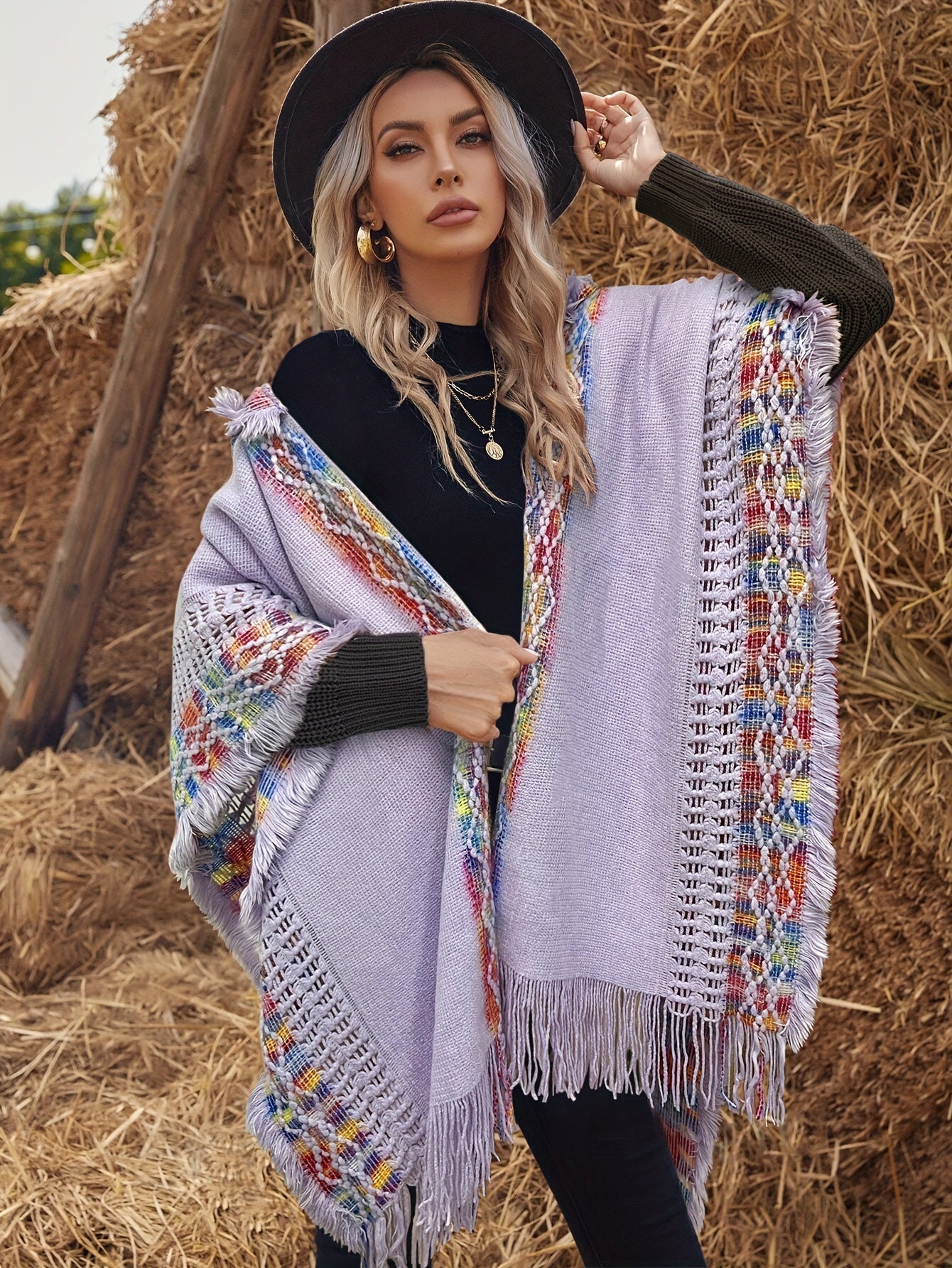 Bohemian-style knitted hooded poncho