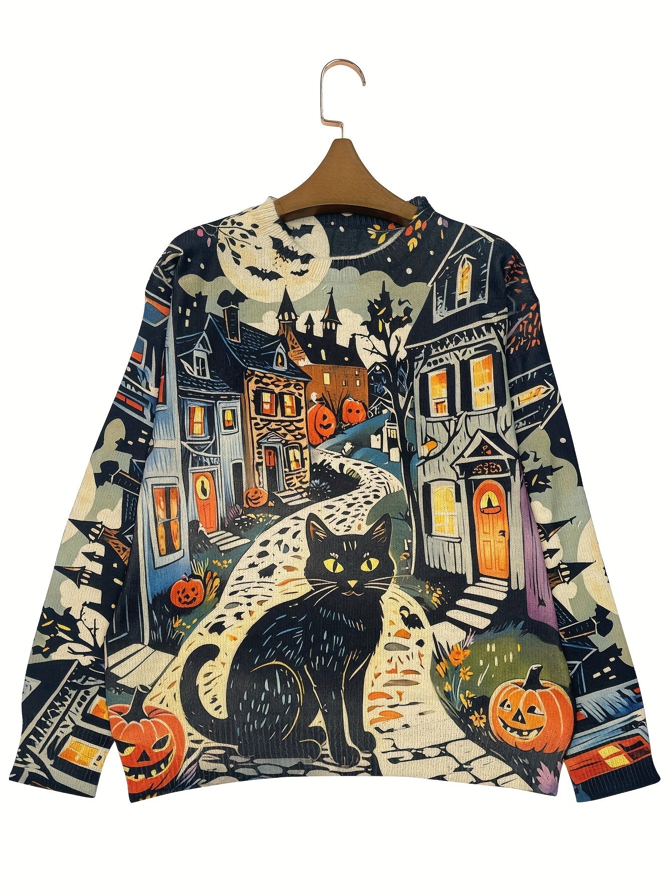 Halloween-themed sweater with a black cat and pumpkins on a hanger against a white background