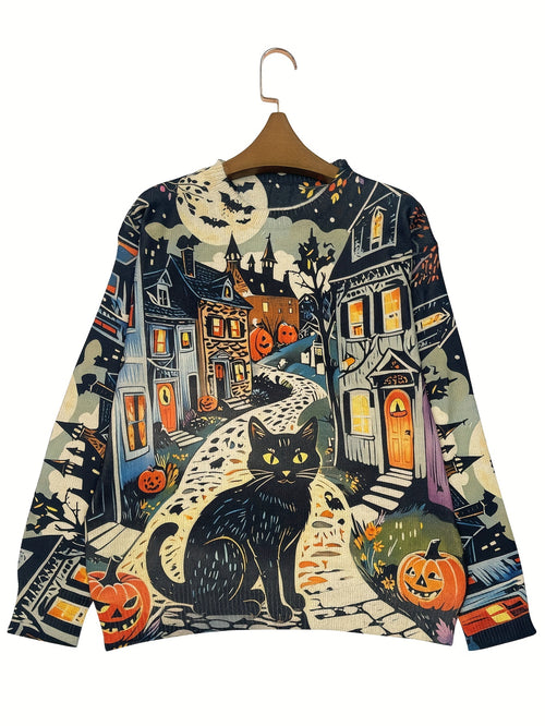 Halloween-themed sweater with a black cat and pumpkins on a hanger against a white background