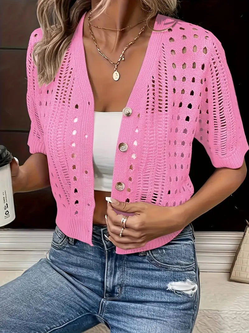 Elegant Short-Sleeve V-Neck Cardigan