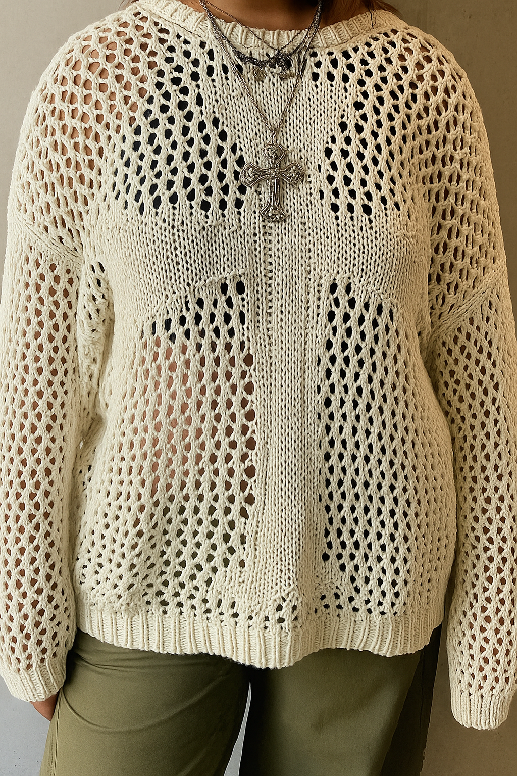 Lumachic Mixed-Mesh Cross Sweater