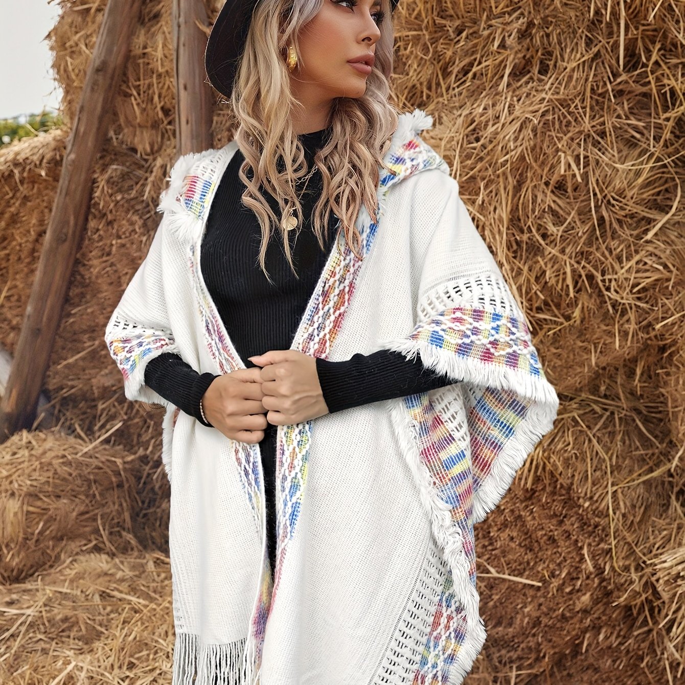 Bohemian-style knitted hooded poncho