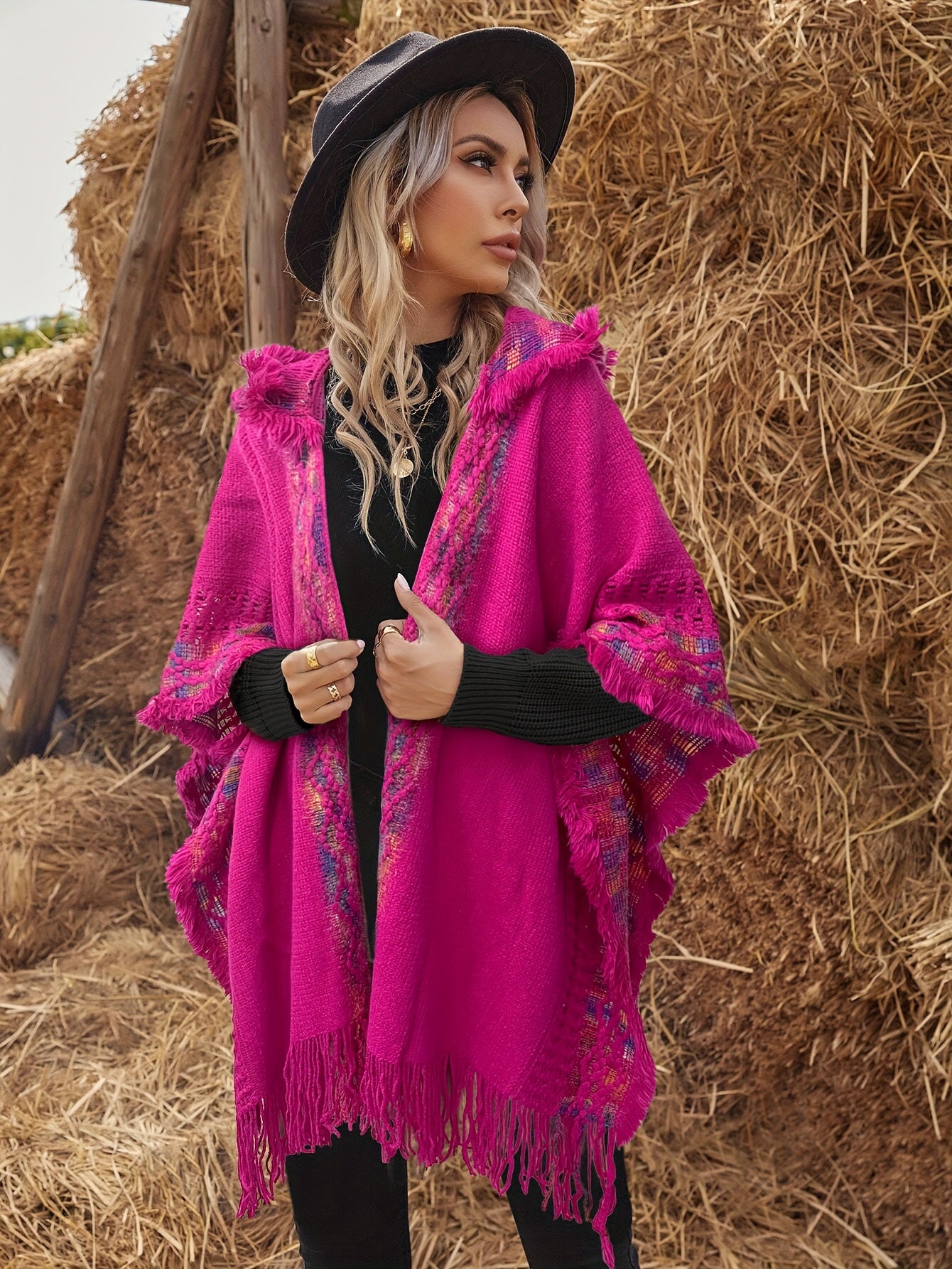 Bohemian-style knitted hooded poncho