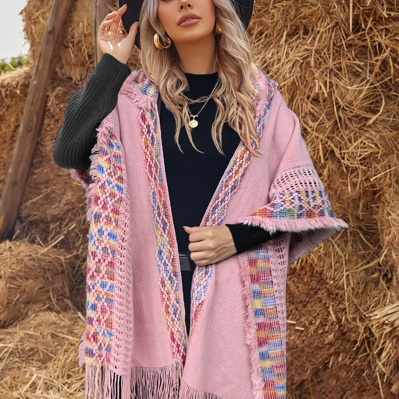 Bohemian-style knitted hooded poncho