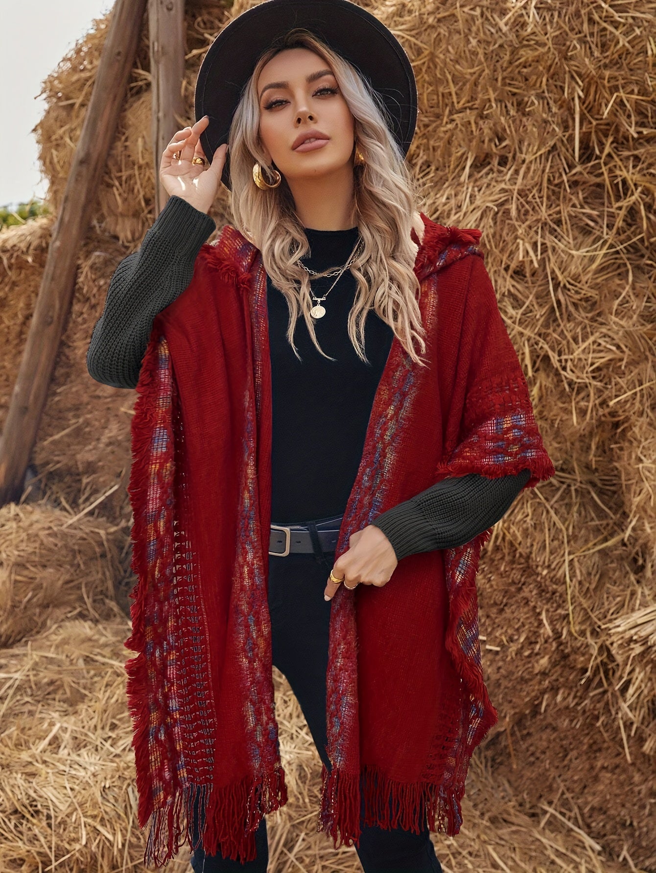 Bohemian-style knitted hooded poncho