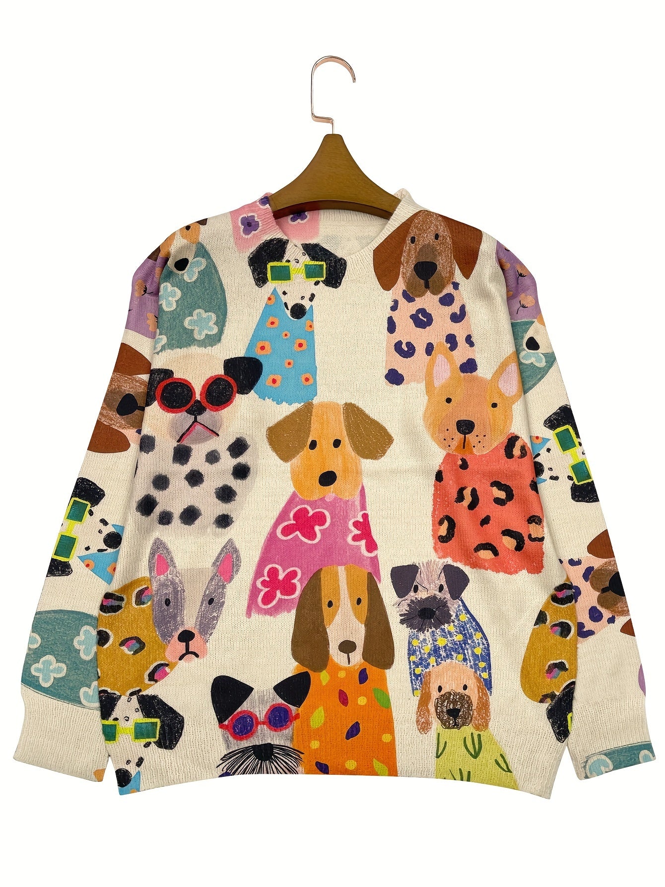 Cardigan with colorful dog pattern on a hanger