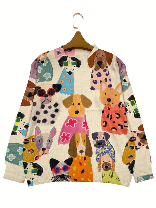 Cardigan with colorful dog pattern on a hanger