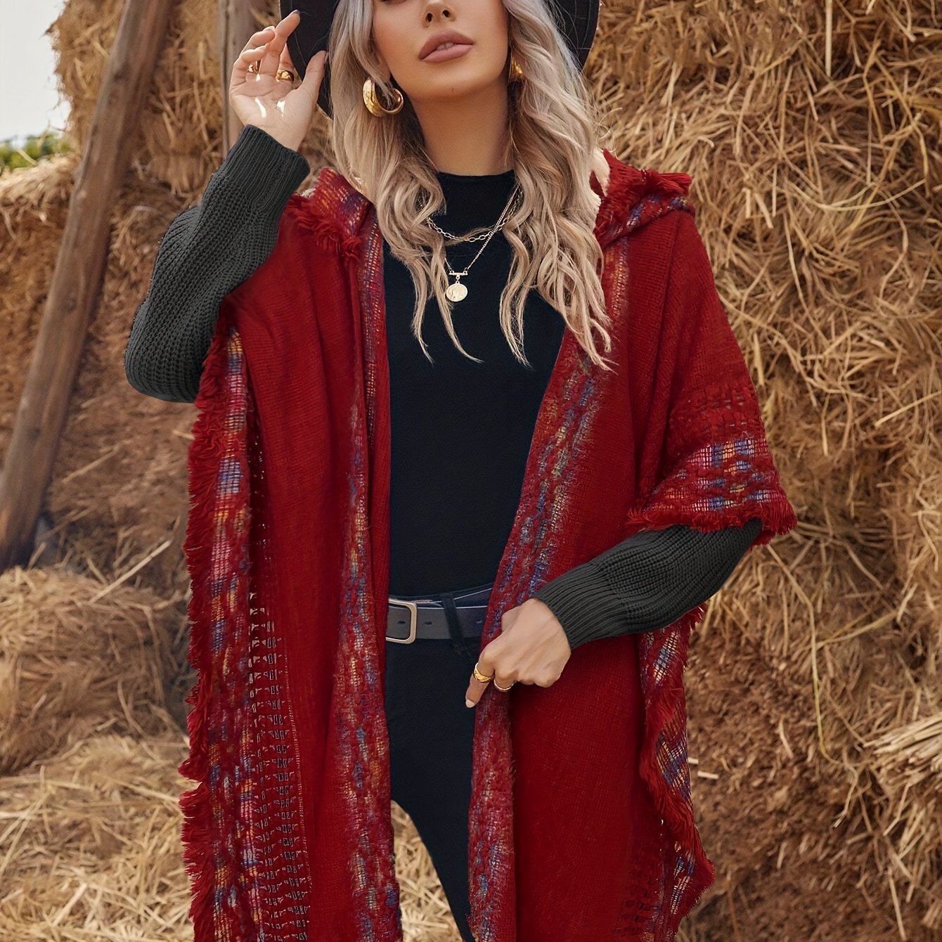 Bohemian-style knitted hooded poncho