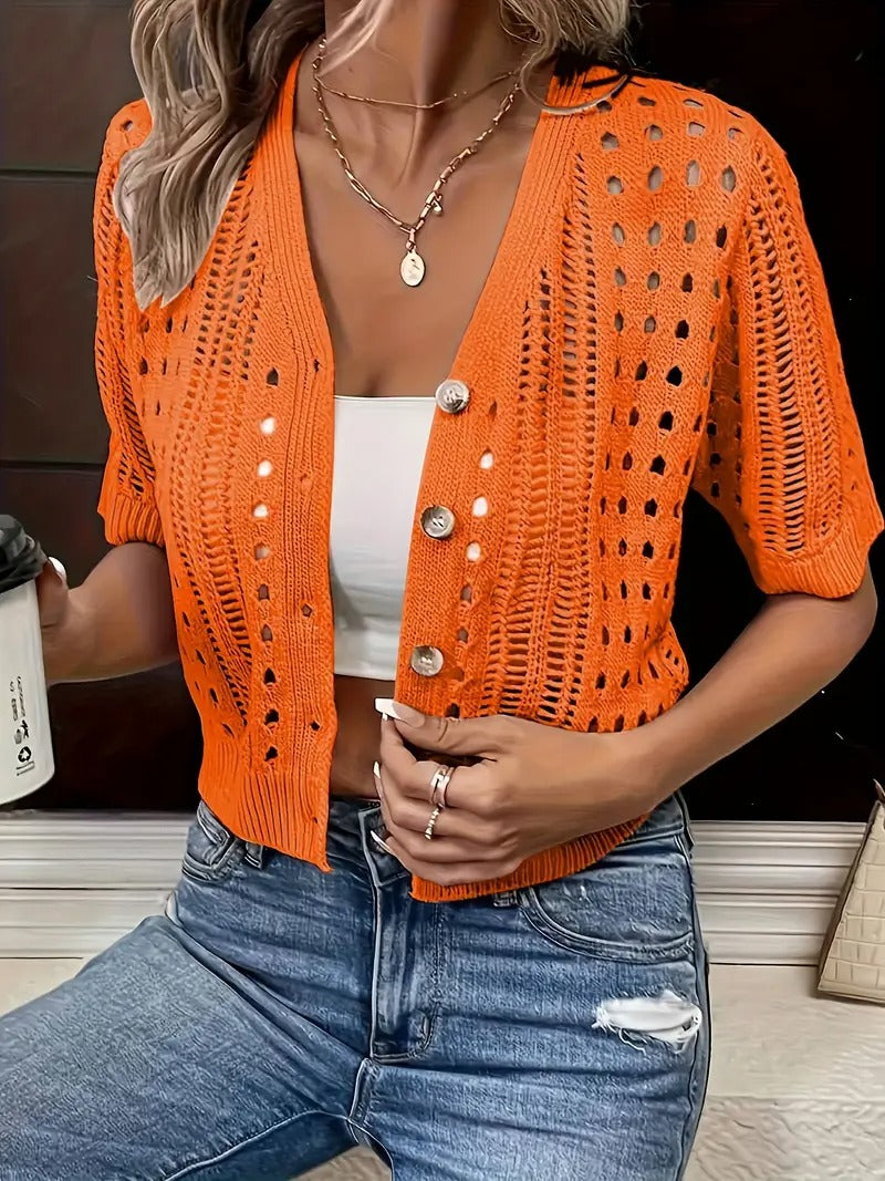 Elegant Short-Sleeve V-Neck Cardigan