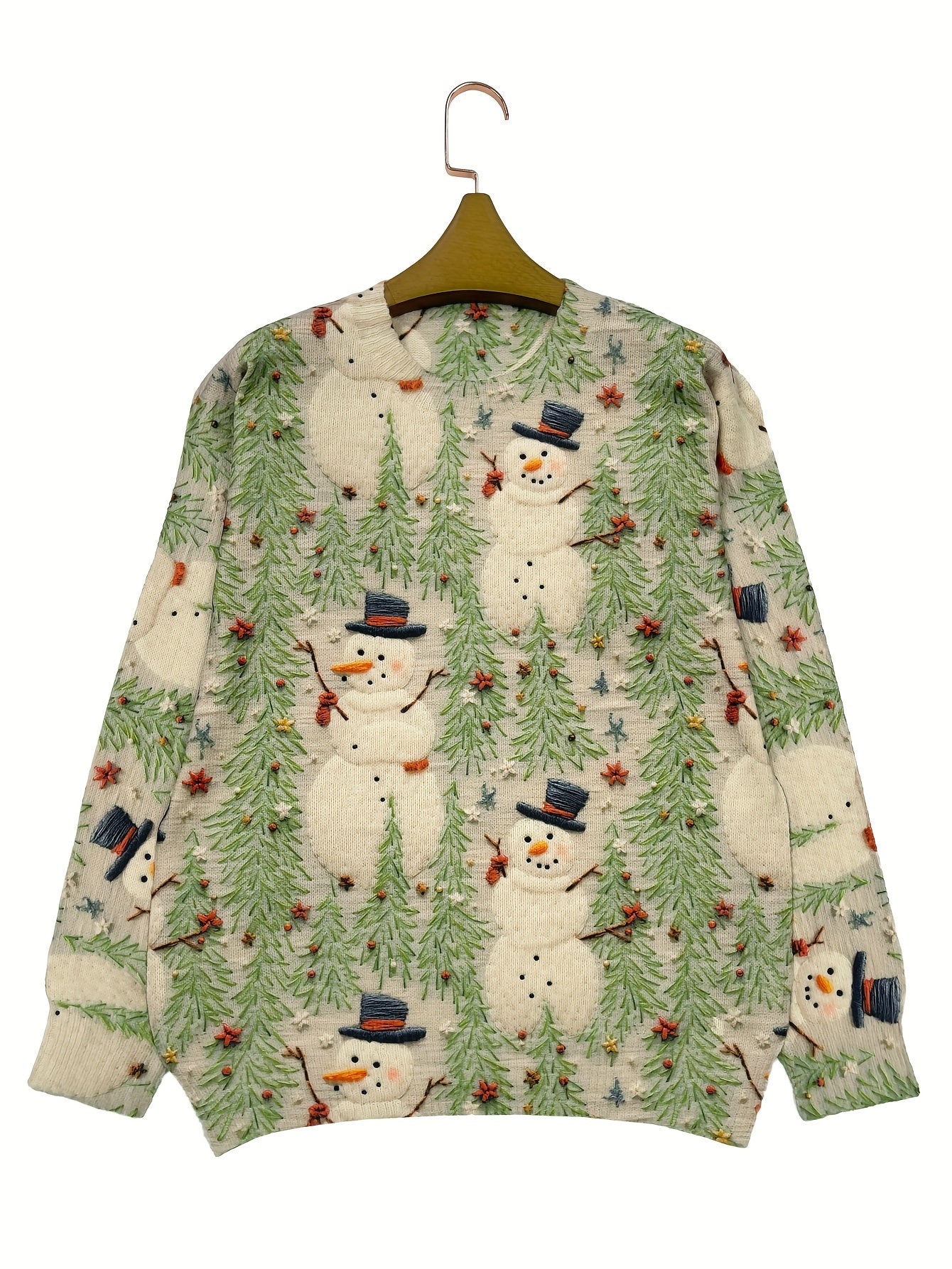 Christmas-themed sweater with snowmen and trees on a hanger