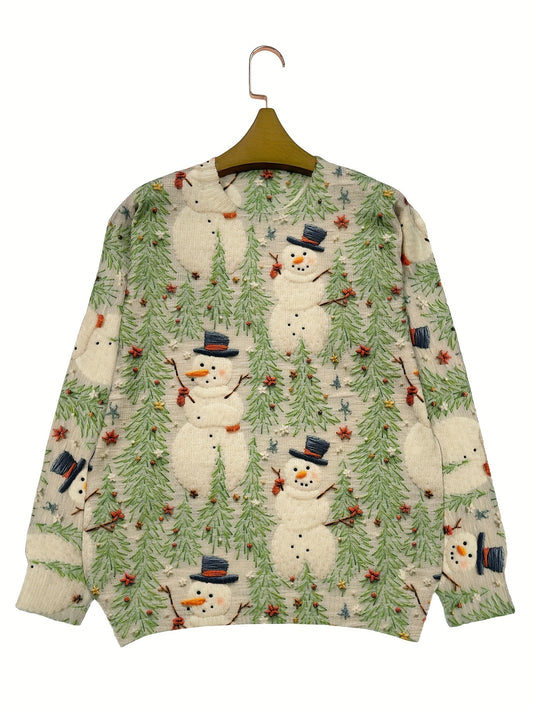 Christmas-themed sweater with snowmen and trees on a hanger