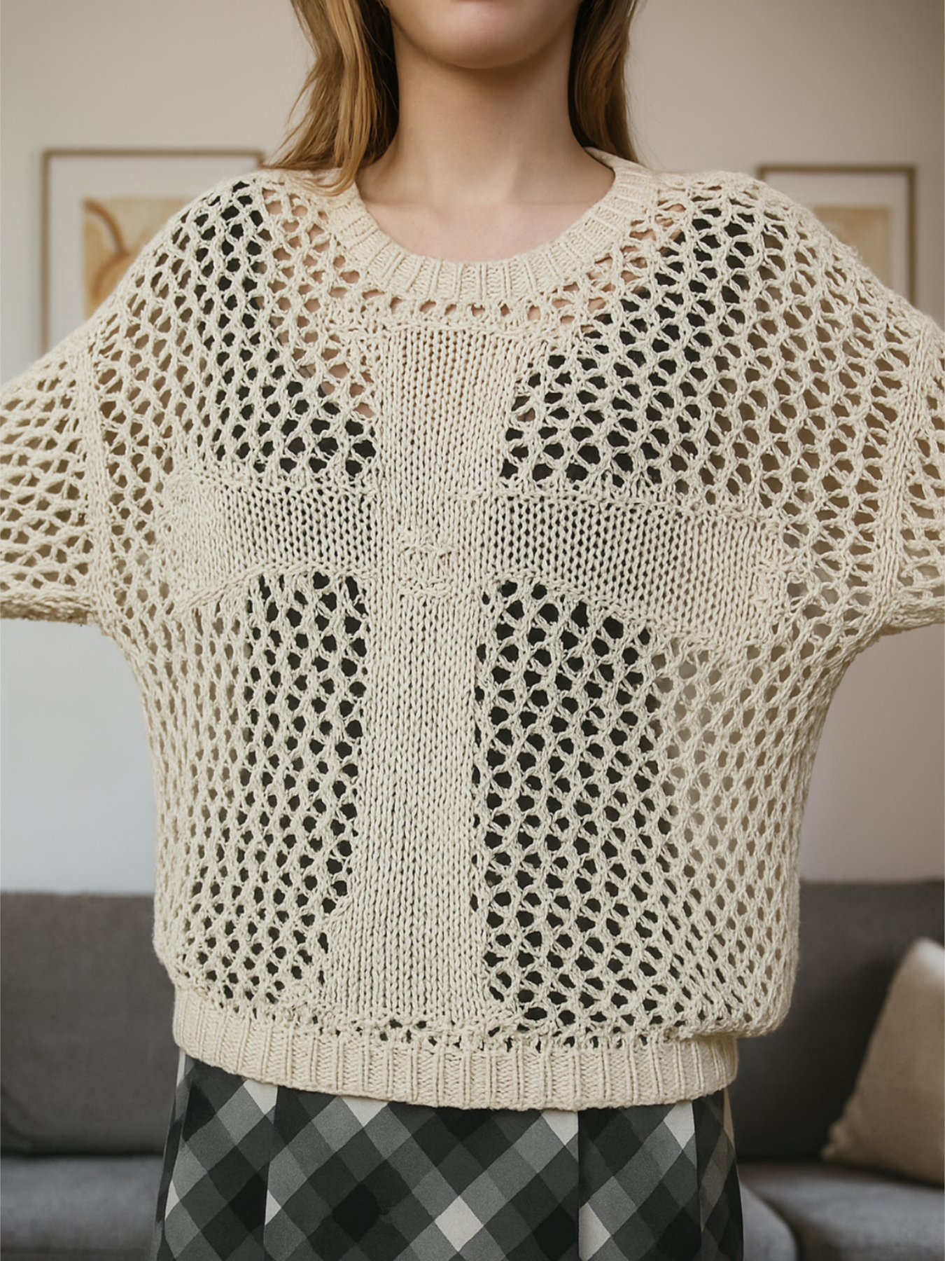 Lumachic Mixed-Mesh Cross Sweater