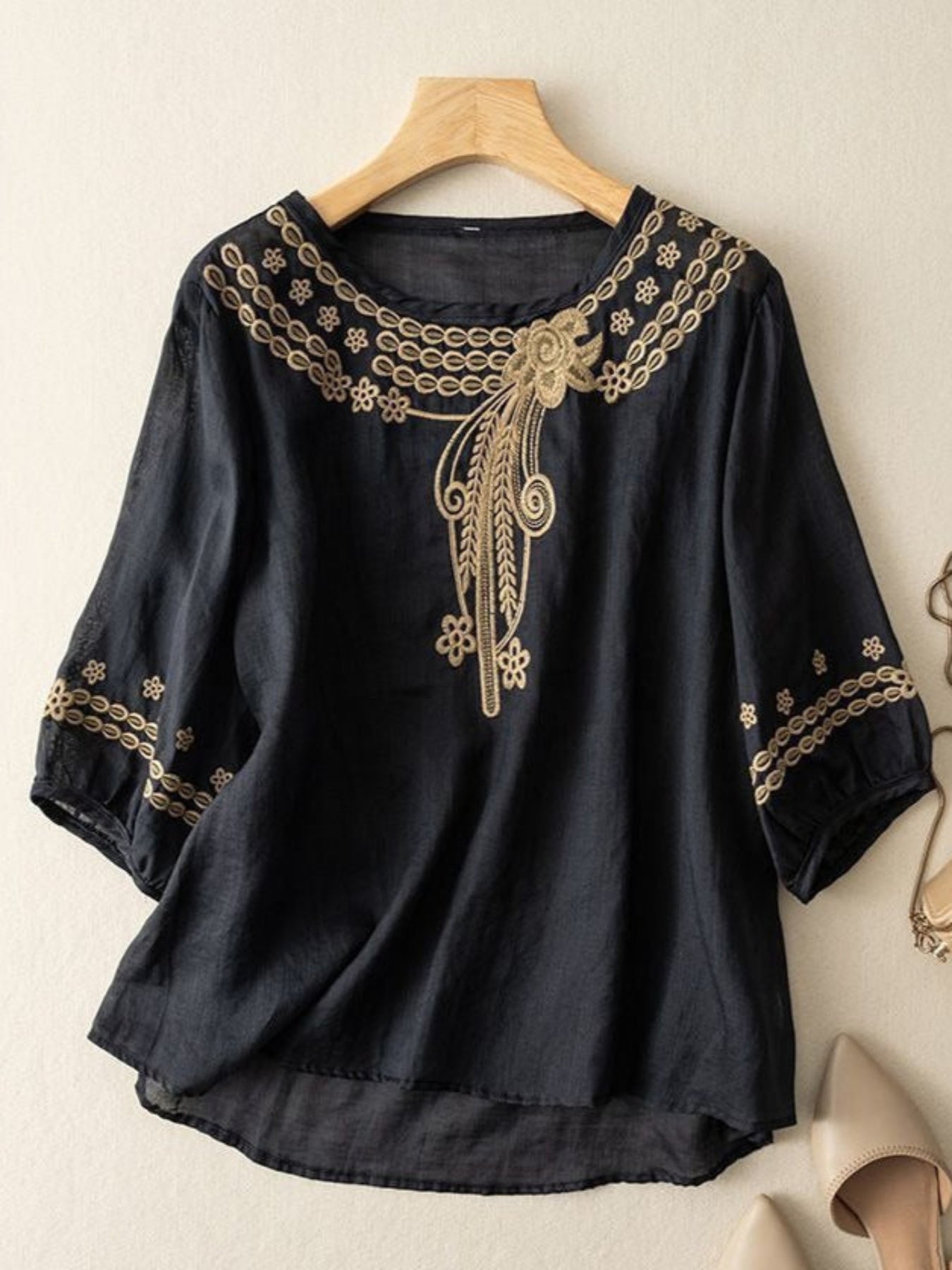 Ulzzang Embroidered Cotton-Linen Blouse