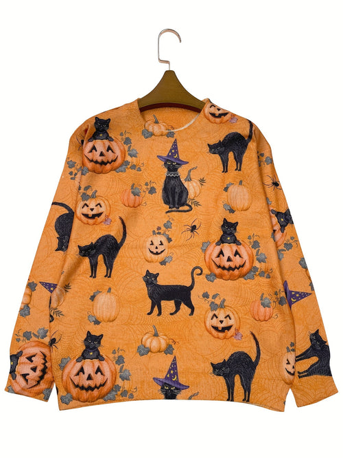Orange sweatshirt with Halloween-themed design featuring pumpkins and black cats on a hanger against a white background.