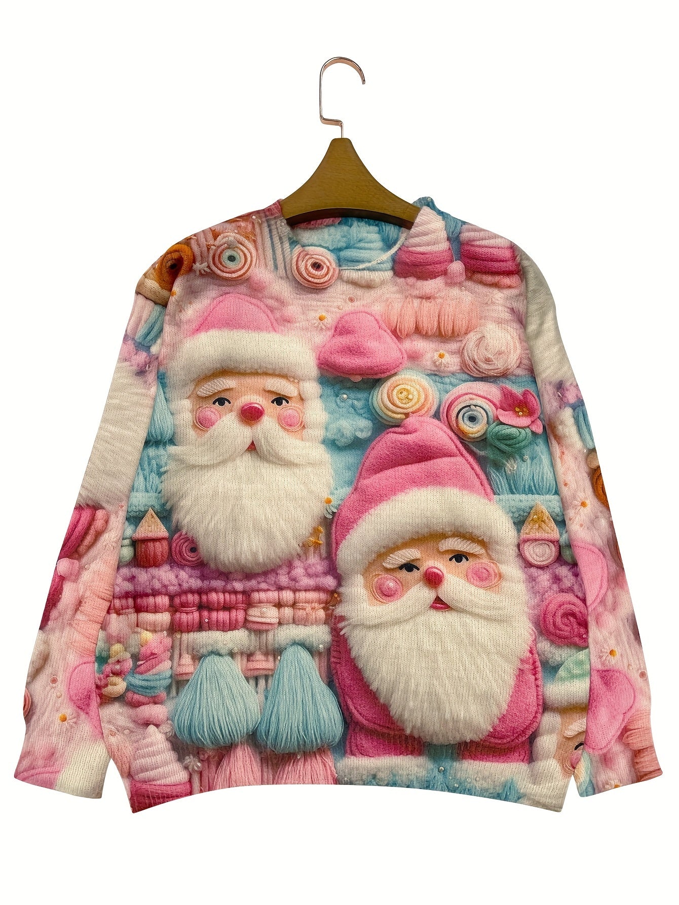 Sweater with Santa Claus design on a hanger against a white background