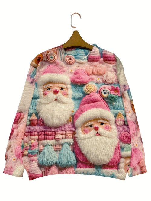 Sweater with Santa Claus design on a hanger against a white background