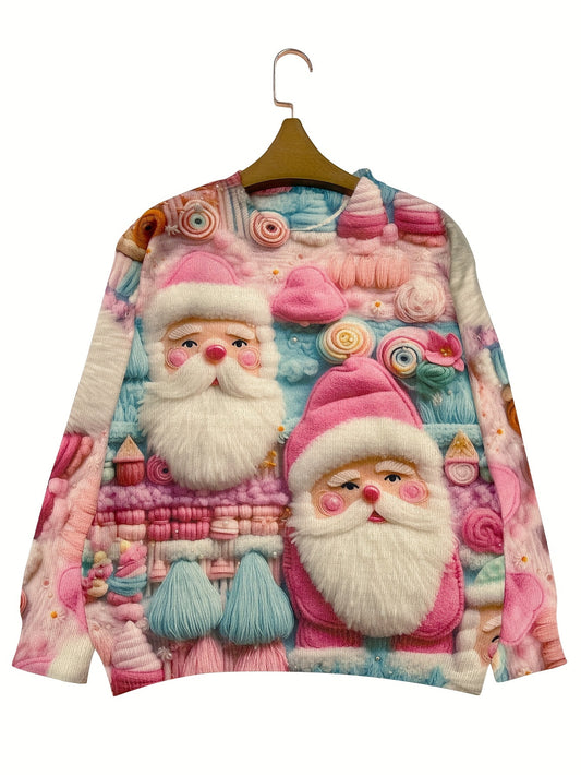 Sweater with Santa Claus design on a hanger against a white background