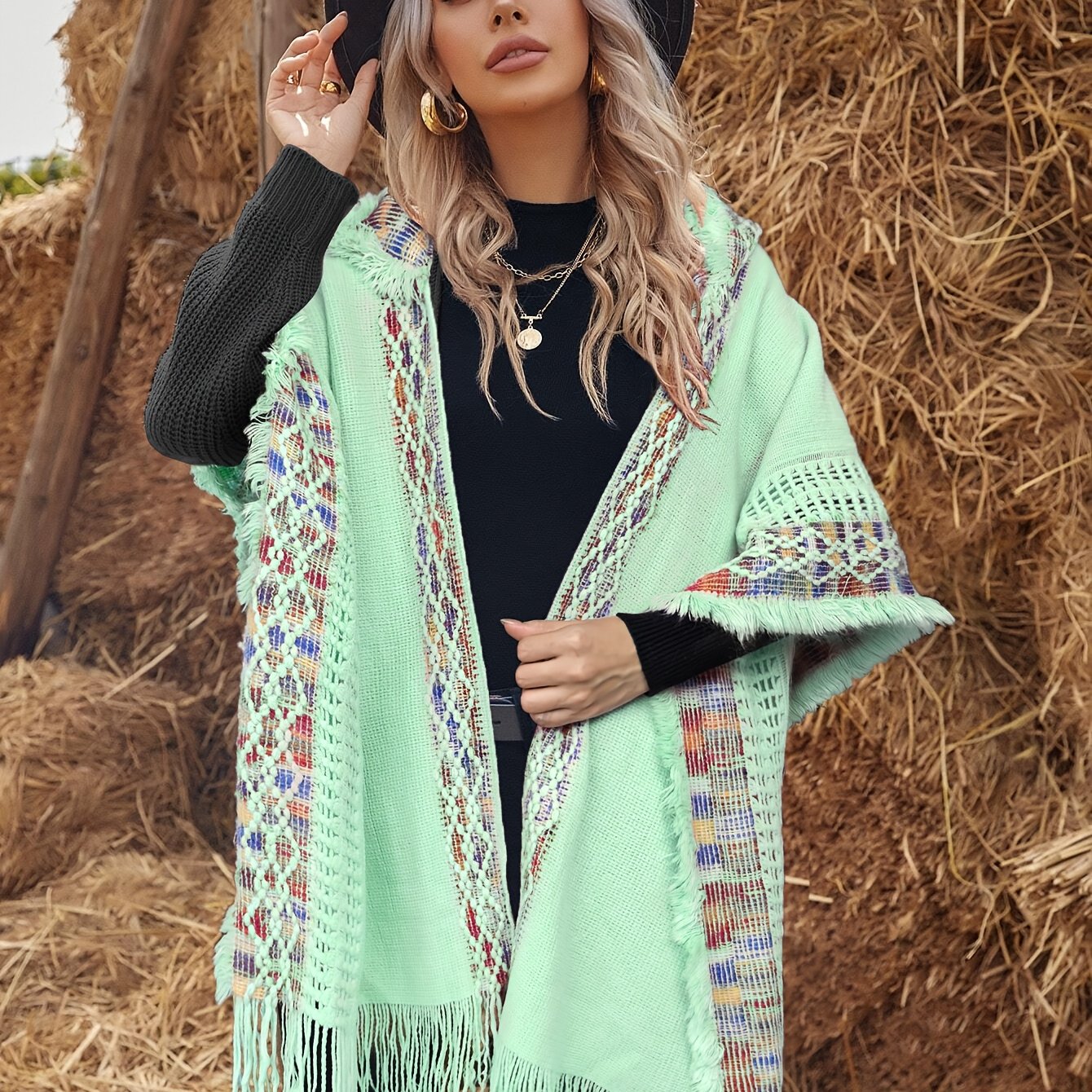 Bohemian-style knitted hooded poncho