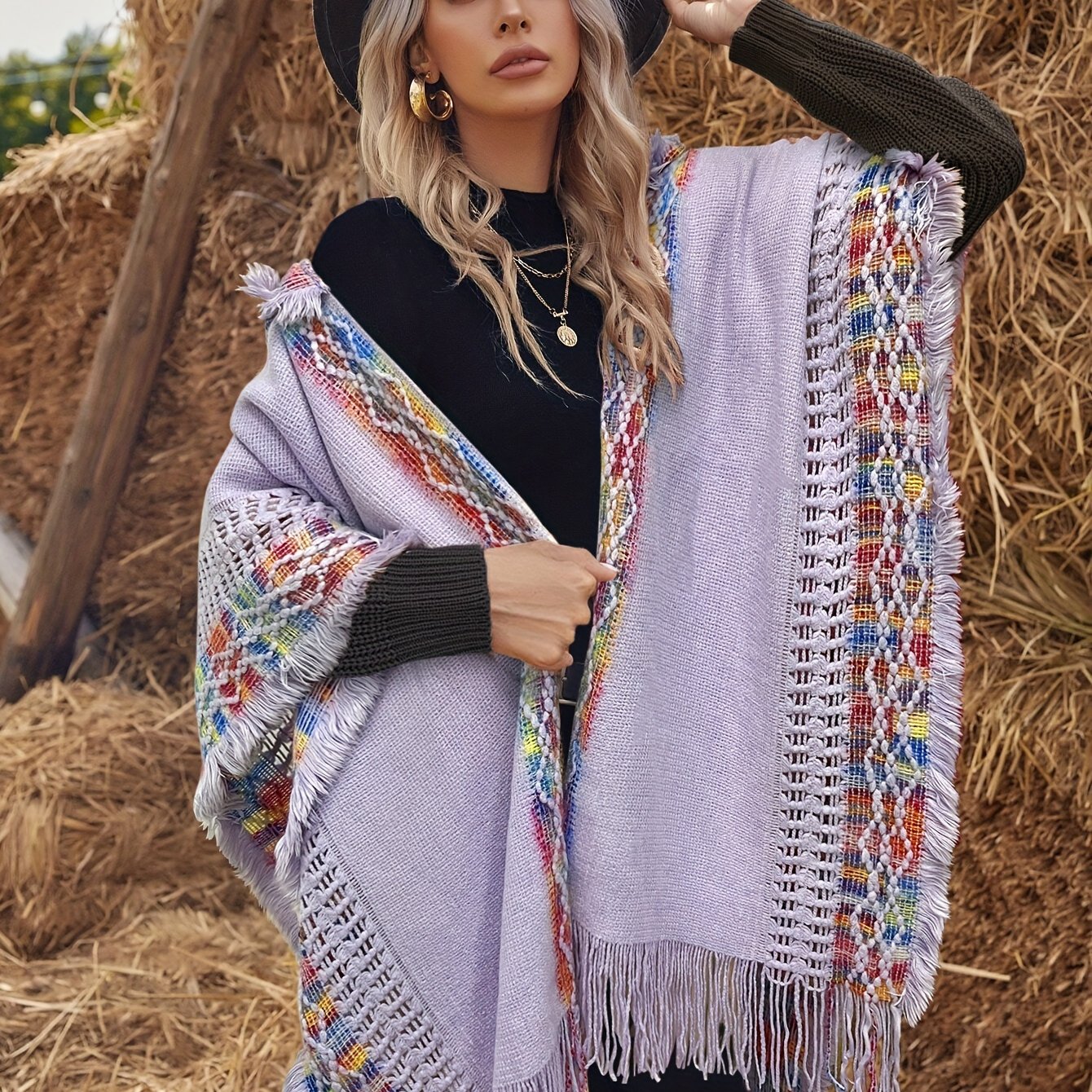 Bohemian-style knitted hooded poncho