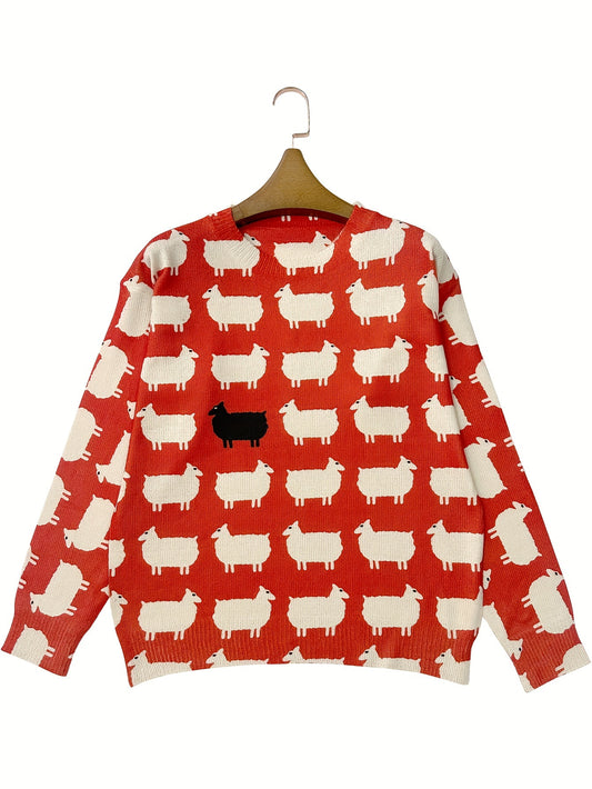 Red sweater with white sheep pattern on a hanger against a white background