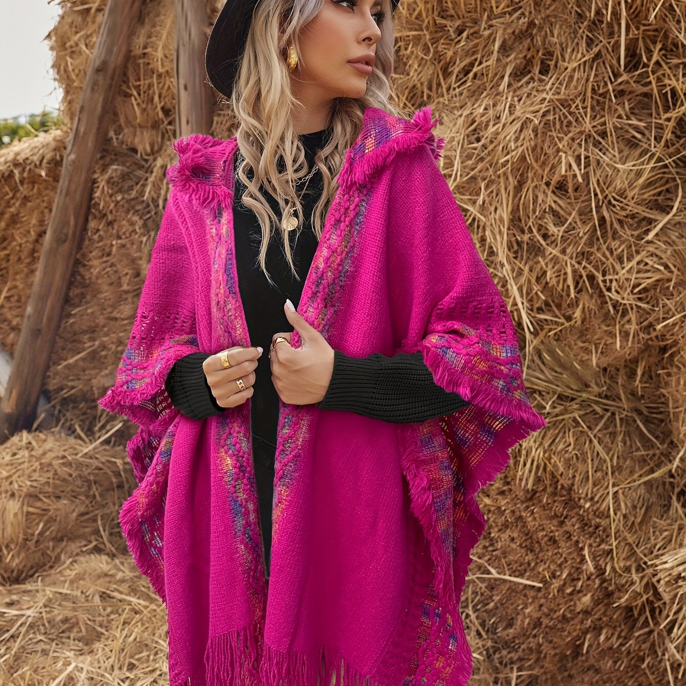 Bohemian-style knitted hooded poncho