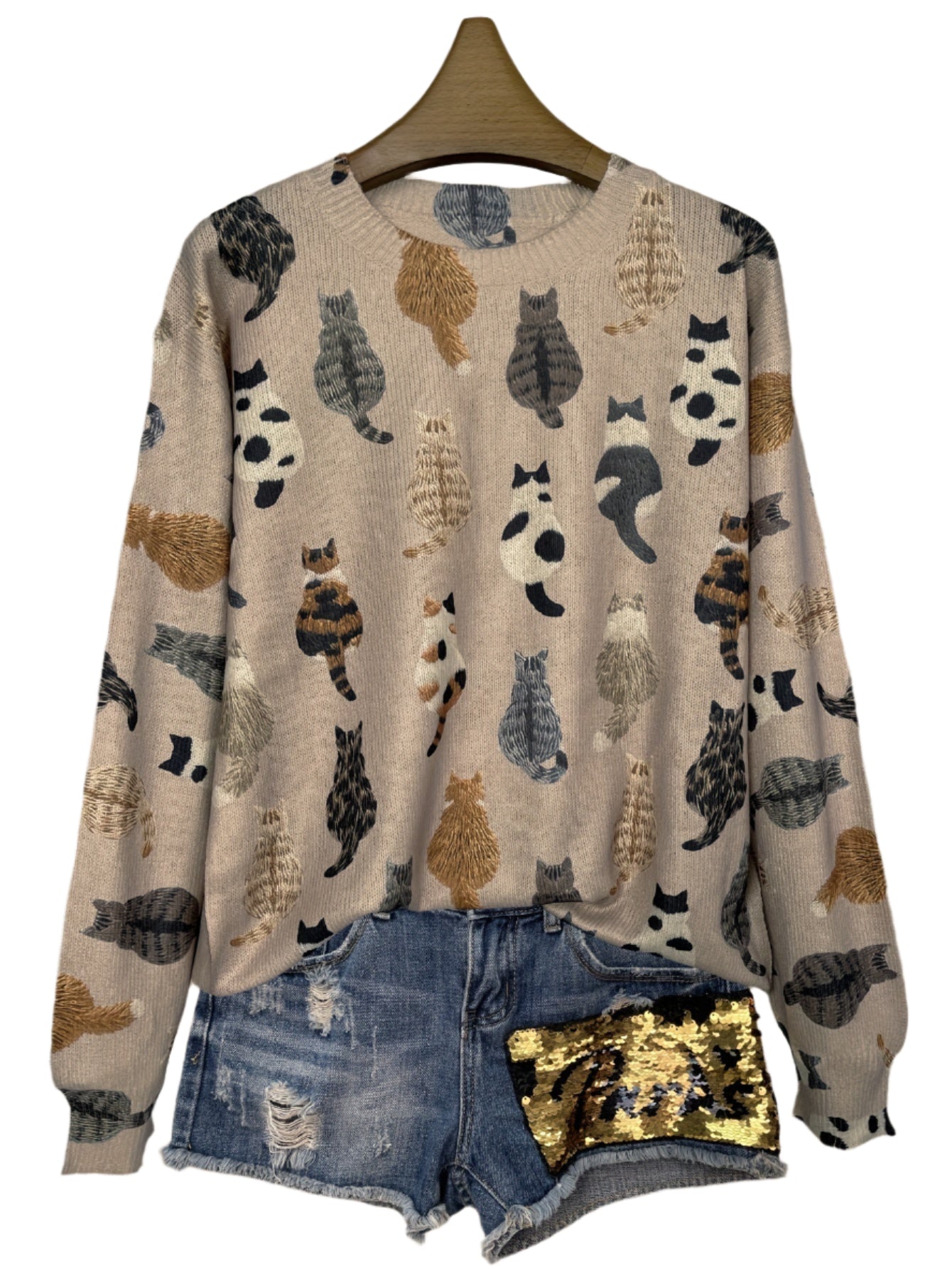 Sweater with cat pattern on a hanger, paired with denim shorts and a gold sequin top on a wooden surface.