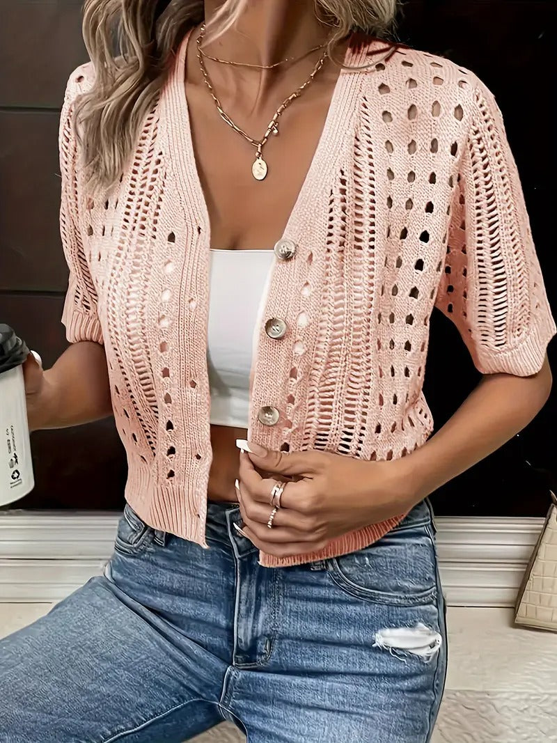 Elegant Short-Sleeve V-Neck Cardigan
