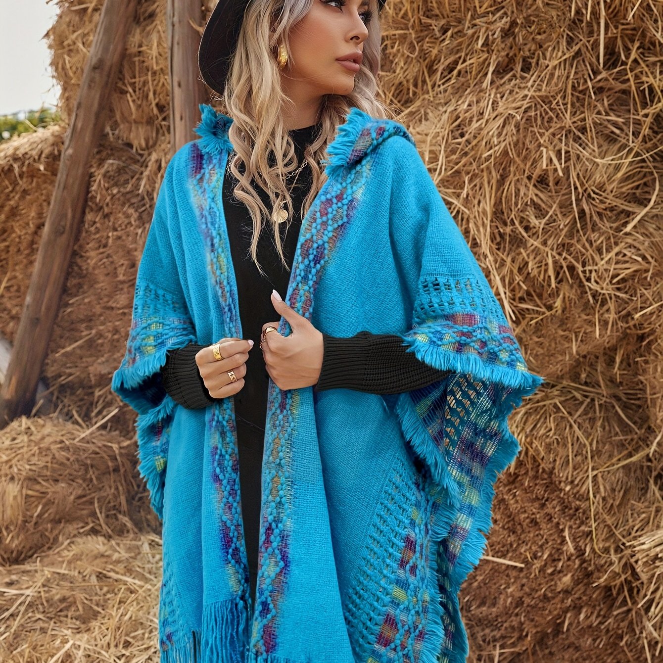 Bohemian-style knitted hooded poncho