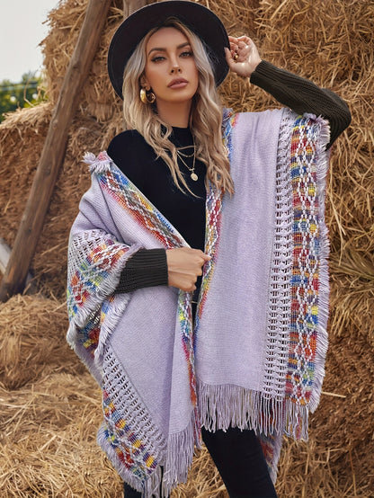 Bohemian-style knitted hooded poncho