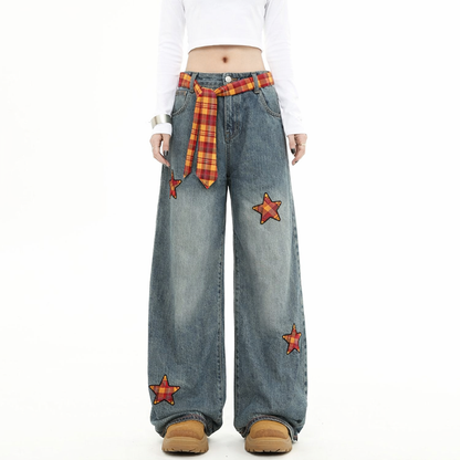 Satrs patch | Embroidered wide leg jeans