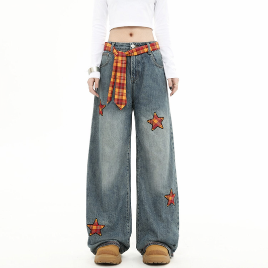 Satrs patch | Embroidered wide leg jeans