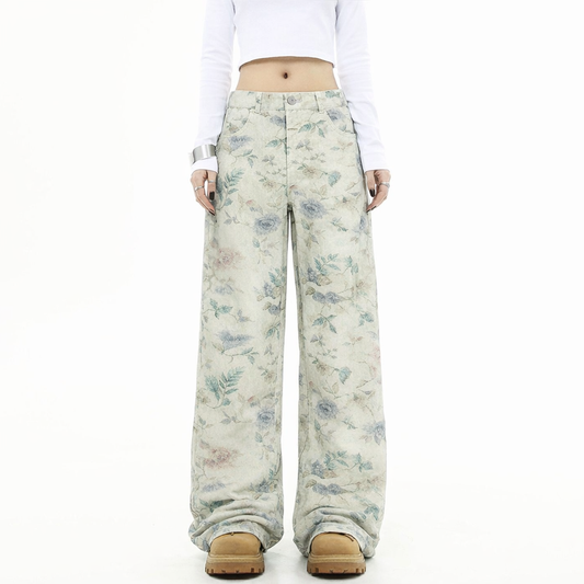 Vintage Floral Print Straight Jeans