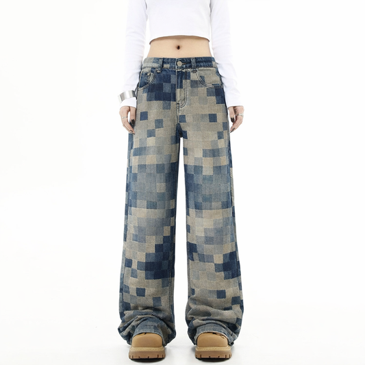 Thesupermade Checkerboard Jacquard Wide Leg Jeans