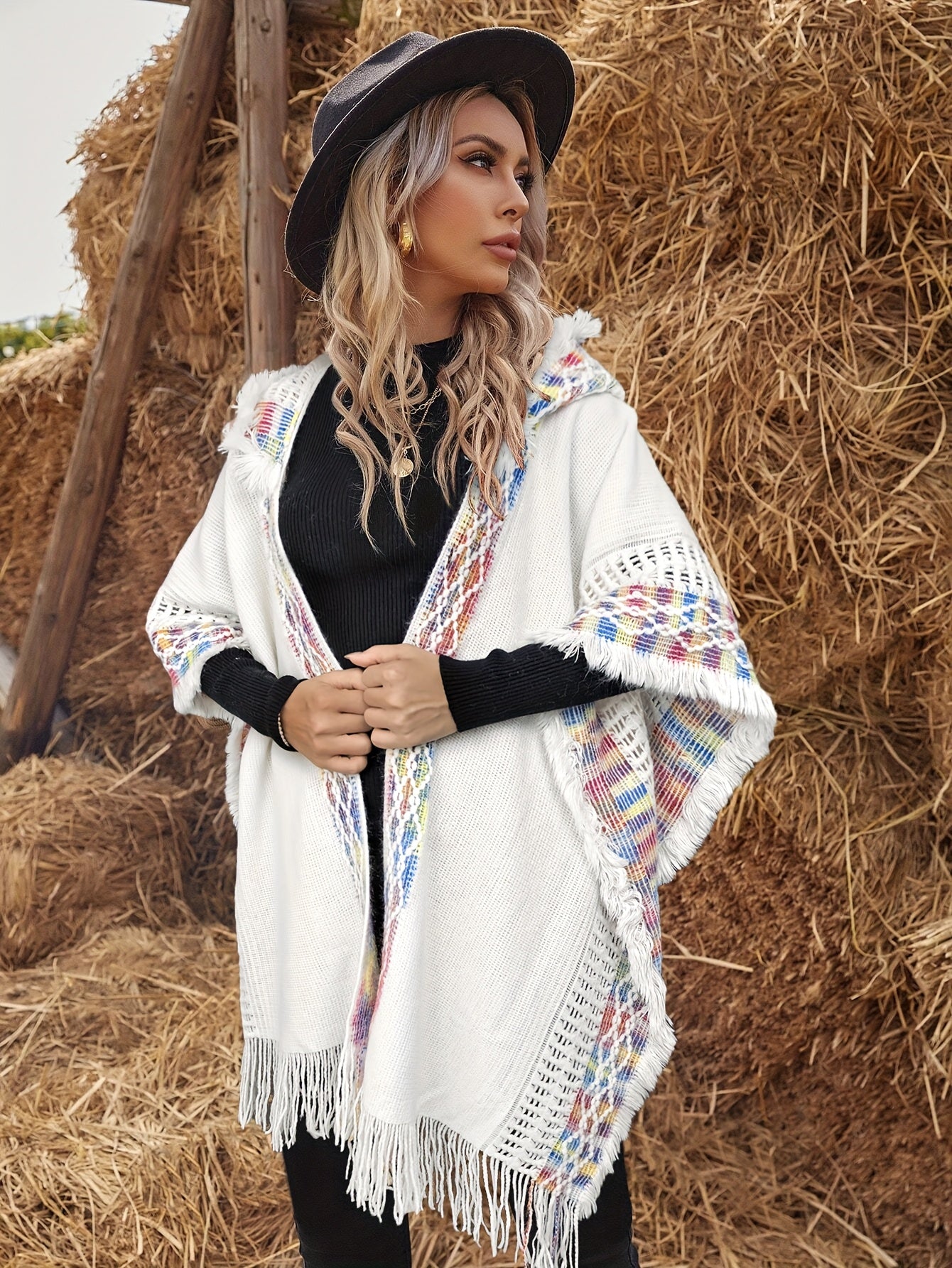 Bohemian-style knitted hooded poncho