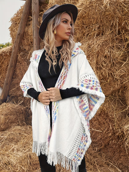 Bohemian-style knitted hooded poncho