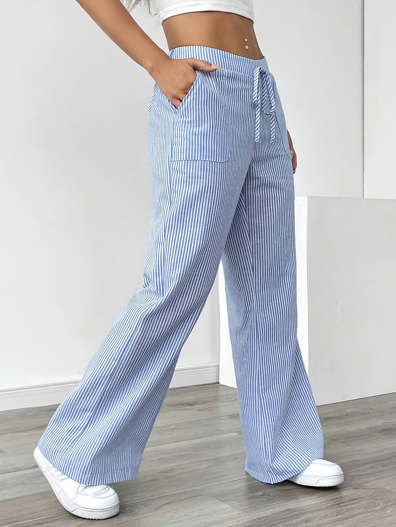 Stripe Wide Leg Pants Mid Rise ( BUY 2 GET 1 FREE)