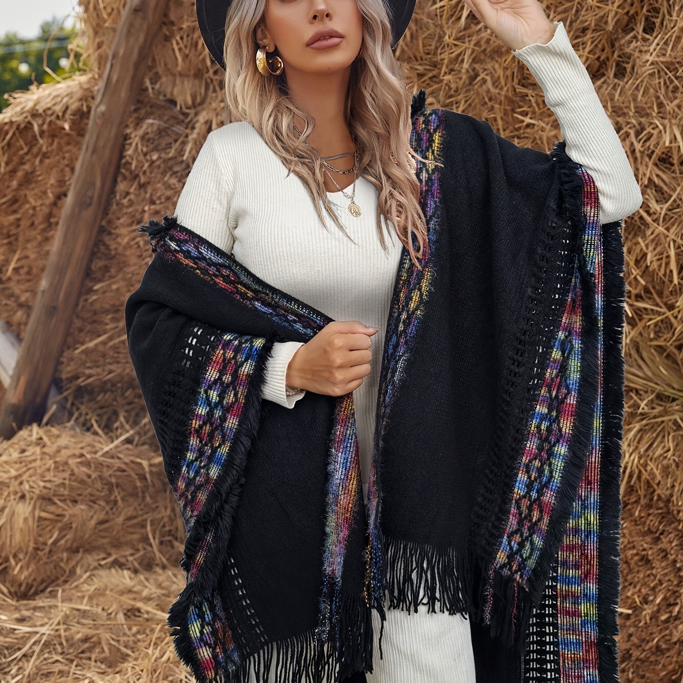 Bohemian-style knitted hooded poncho