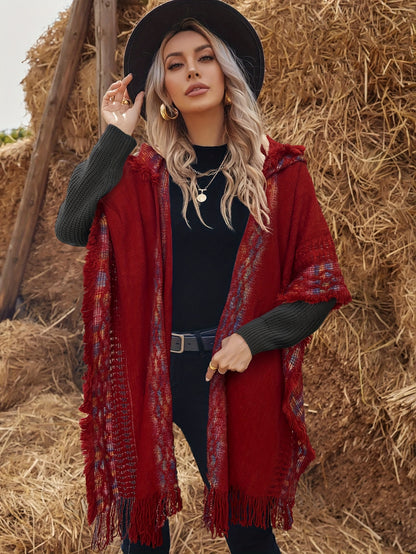 Bohemian-style knitted hooded poncho