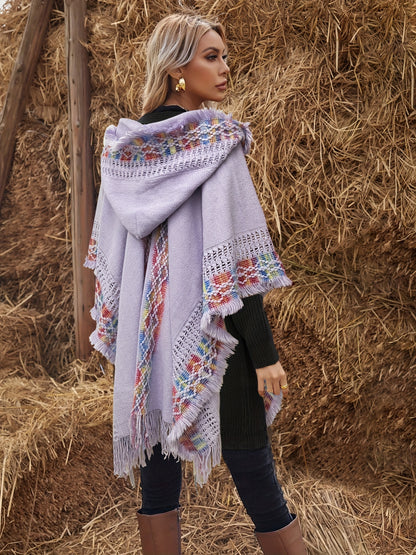 Bohemian-style knitted hooded poncho
