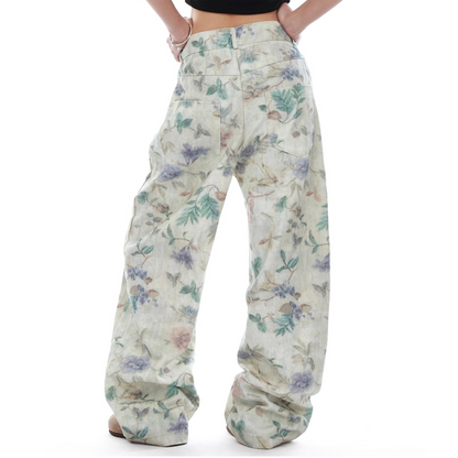 Vintage Floral Print Straight Jeans