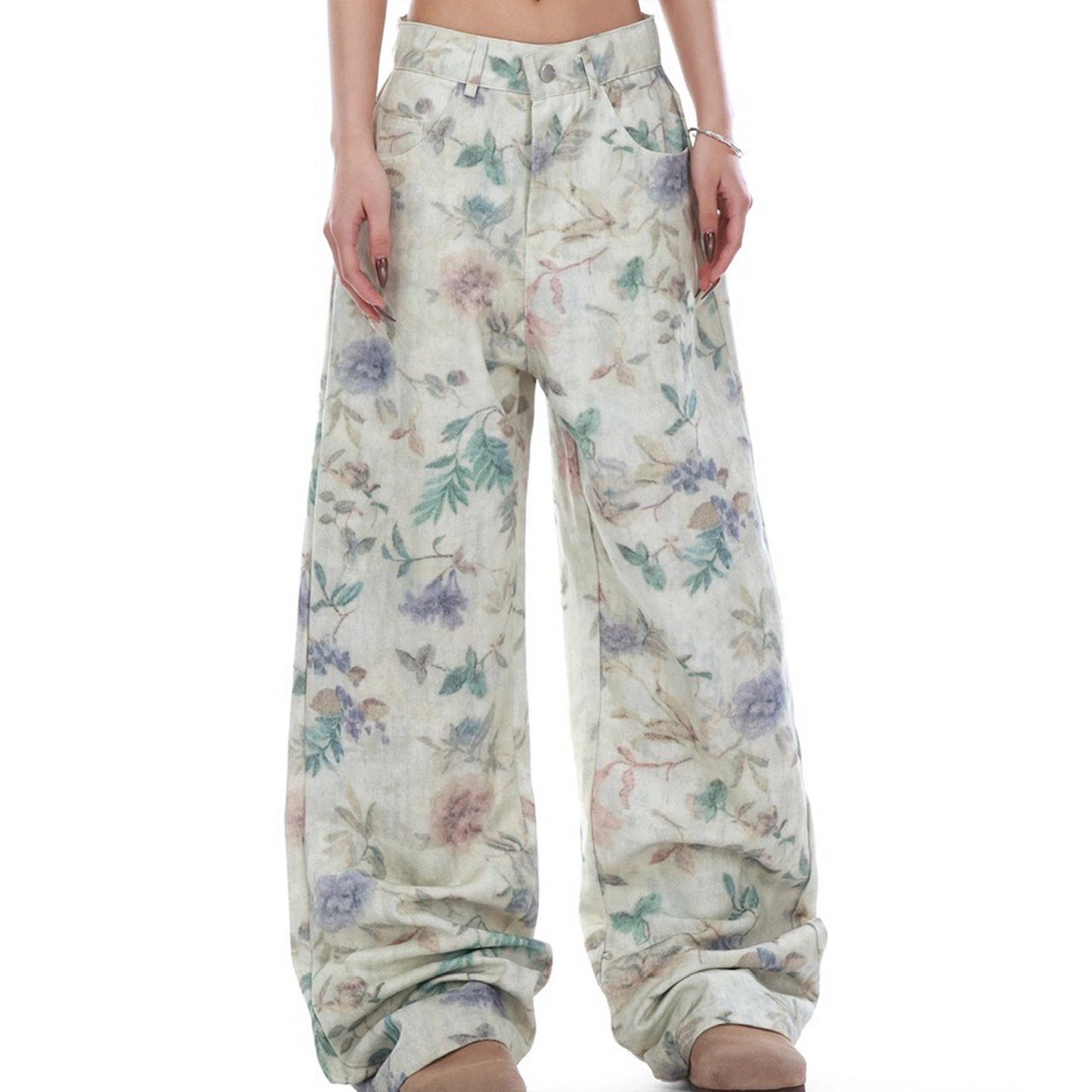 Vintage Floral Print Straight Jeans