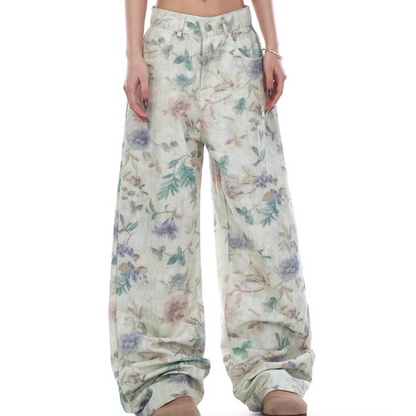 Vintage Floral Print Straight Jeans