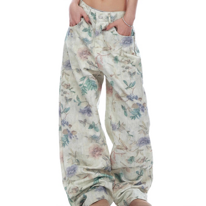 Vintage Floral Print Straight Jeans