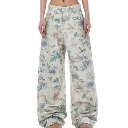 Vintage Floral Print Straight Jeans