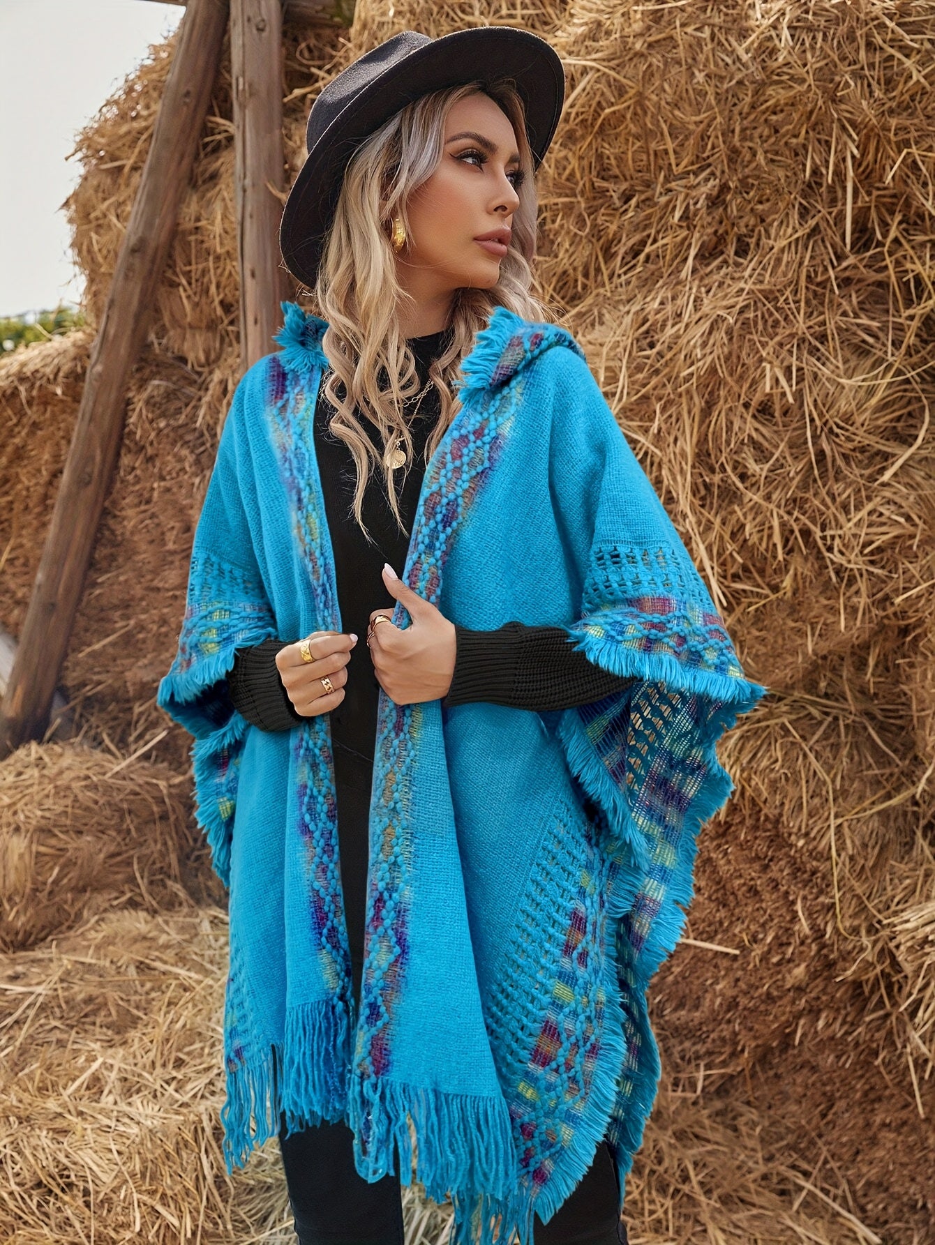 Bohemian-style knitted hooded poncho