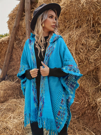 Bohemian-style knitted hooded poncho