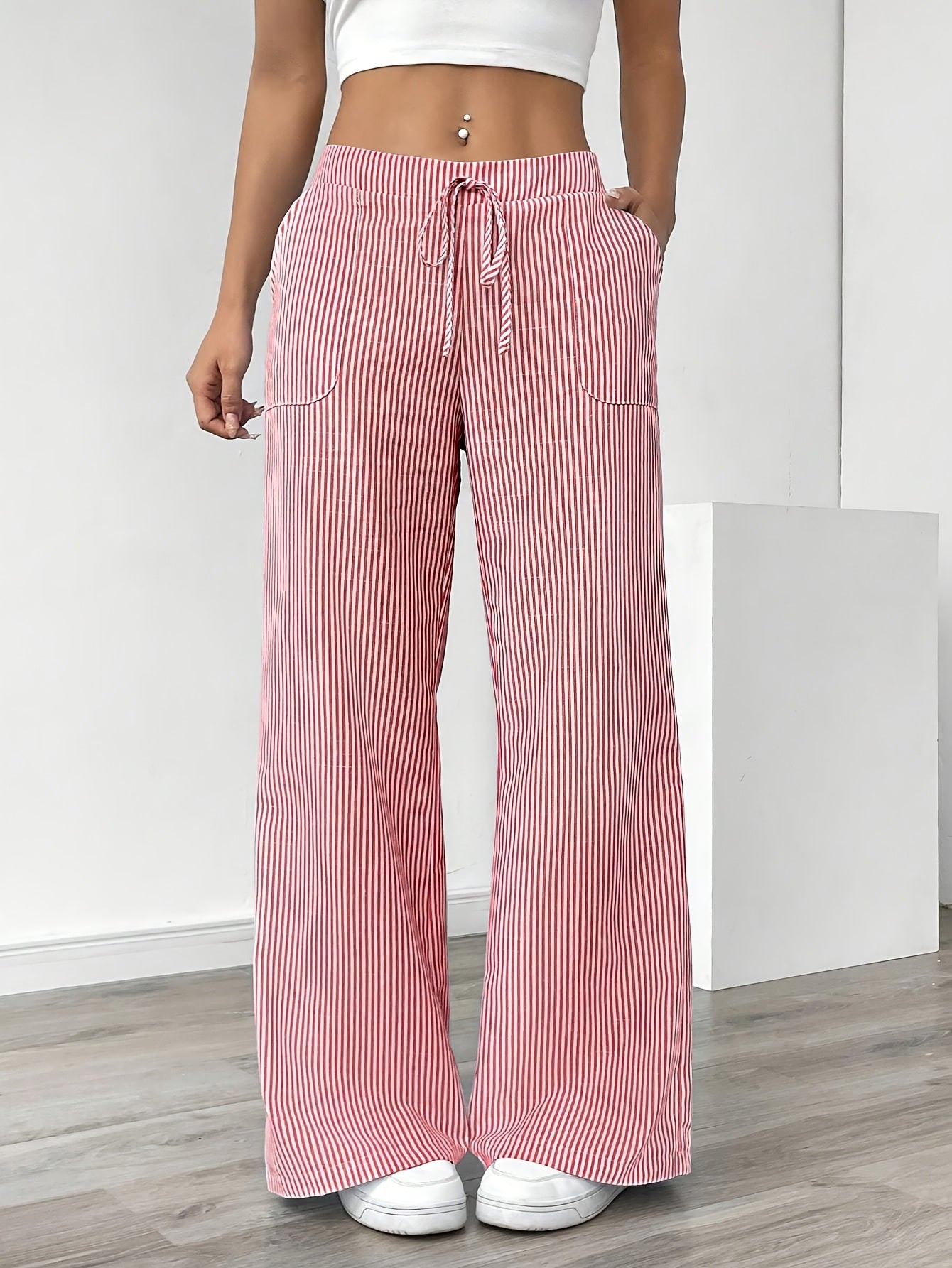 Stripe Wide Leg Pants Mid Rise ( BUY 2 GET 1 FREE)