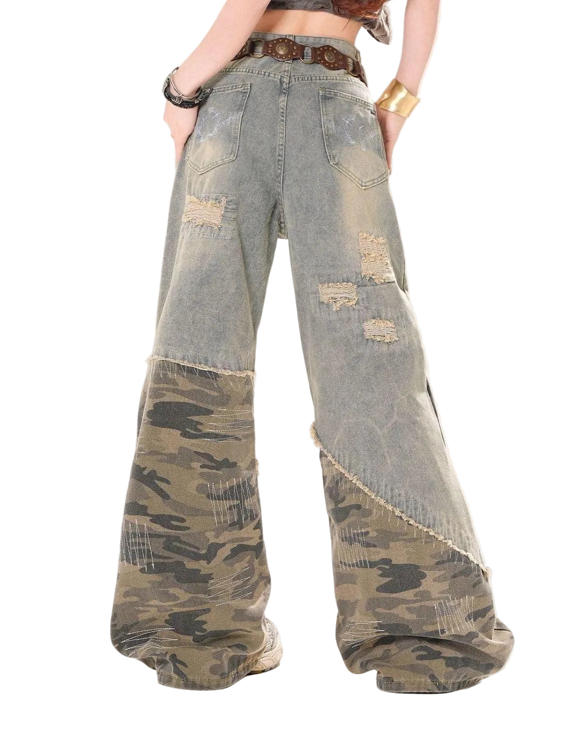oversized camo patchwork distressed Jean