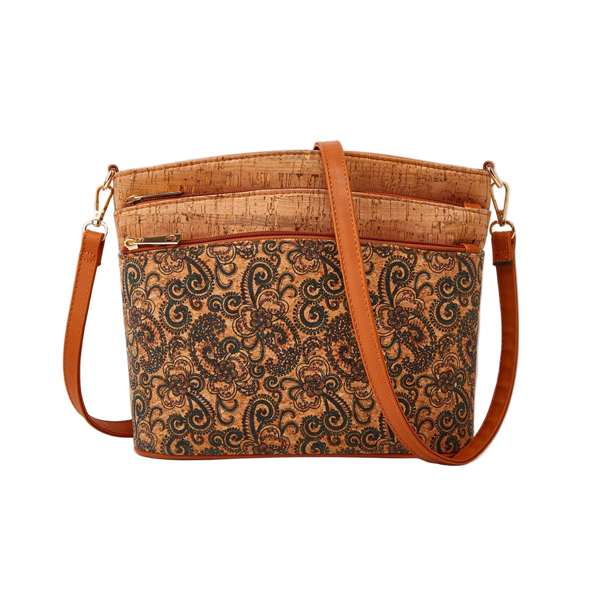 Patterned handbag with brown strap on a beige background, featuring Studio Nyssalie logo.