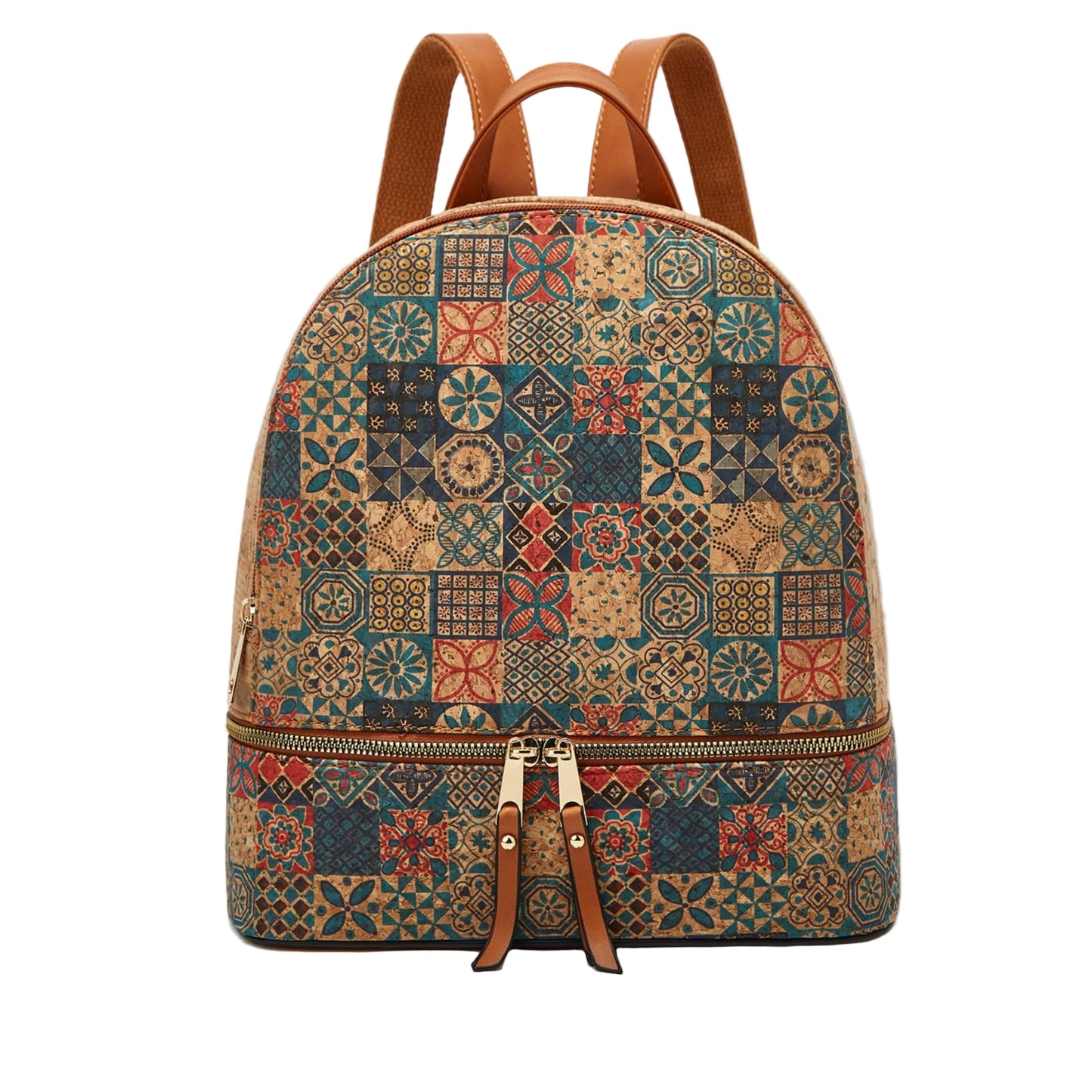 Backpack with geometric pattern and brown straps on a beige background, featuring Studio Nyssalie logo.